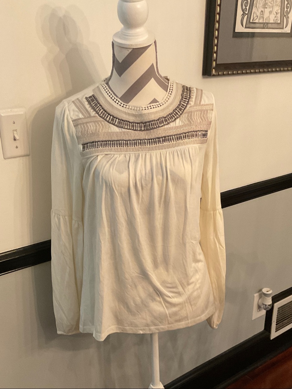 belk Cream Embroidered Yoke Long Sleeve Blouse